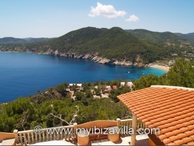 view from San Vicente beach seen from roof terrace of the Ibiza villa rental 